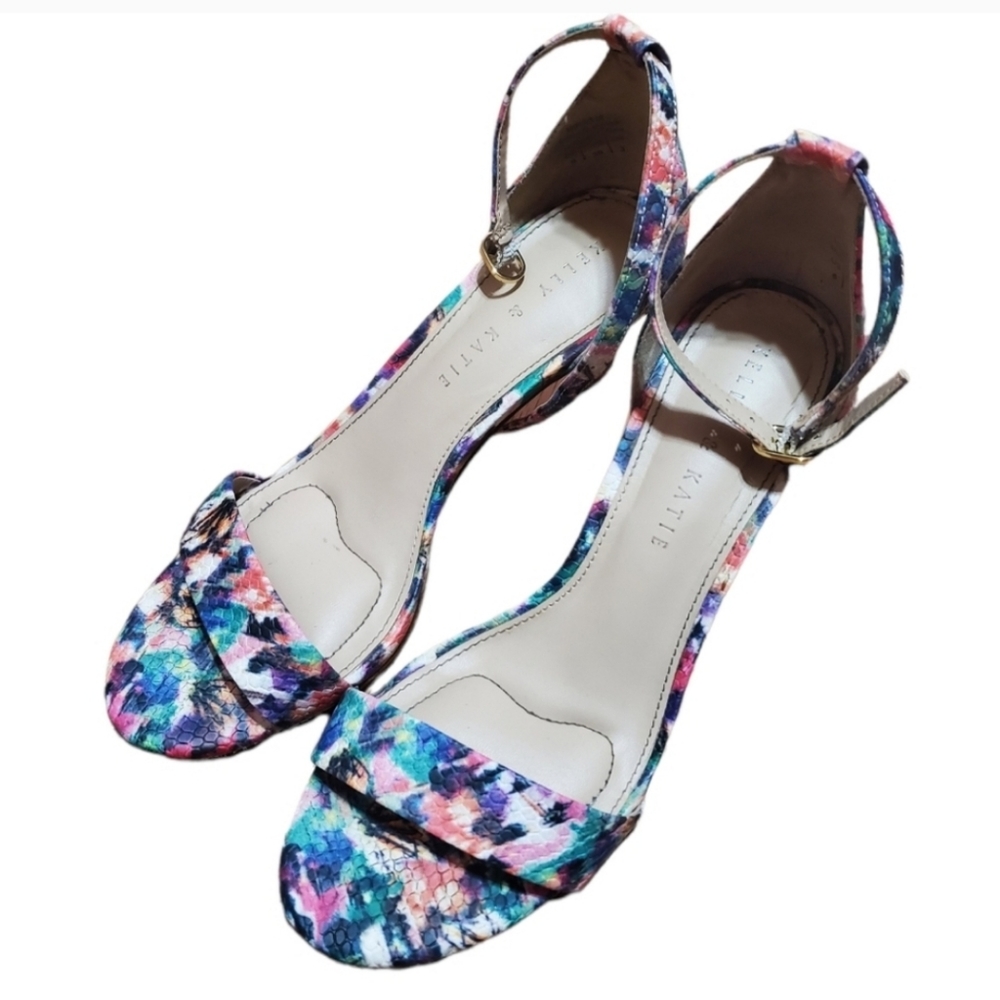 Kelly & Katie Multicolor Watercolor Abstract Floral Open Toe Kirstie Heel Size 6
